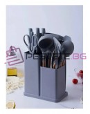 Комплект кухненски прибори от 33 части със стойка, силикон за храна и дърво